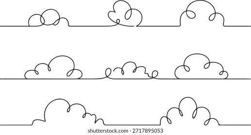 Continuous one line clouds. Minimalist linear fluffy cloud, simple nimbus and decorative sky themed overcast vector horizontal divider illustrations sets. one line Icon drawing

