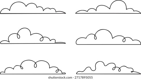 Continuous one line clouds. Minimalist linear fluffy cloud, simple nimbus and decorative sky themed overcast vector horizontal divider illustrations sets. one line Icon drawing
