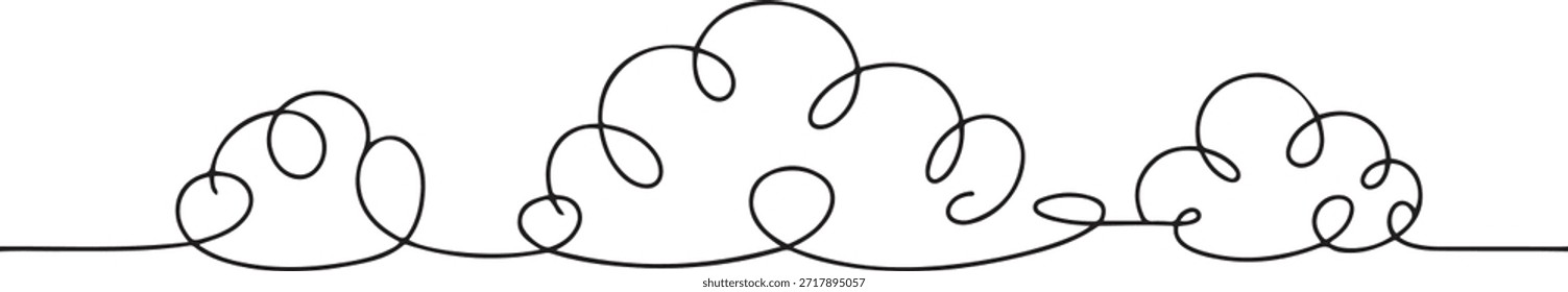 Continuous one line clouds. Minimalist linear fluffy cloud, simple nimbus and decorative sky themed overcast vector horizontal divider illustrations sets. one line Icon drawing

