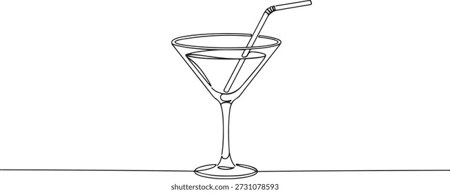 Kontinuierliche Linie eines Cocktailglases mit Stroh, symbolisiert die Getränkepräsentation, gezeichnete Vektorgrafik.