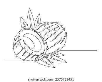 Continuous one line coconuts with palm leaves isolated on white background. Simple plant silhouette. Hand drawn coconuts outline. Editable stroke. Vector illustration