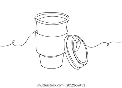 Continuous one line of coffee in blank take away medium cup in silhouette on a white background. Linear stylized.Minimalist.