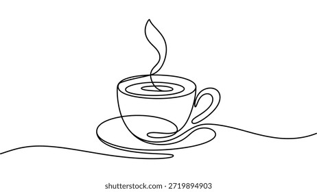 Kontinuierliche einzeilige Kaffeetasse mit Untertassengrafik und Dampf einzeln auf weißem Hintergrund für Café-Menü-Symbol Logo und Print-Design