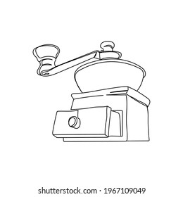 Continuous one line of coffee grinder retro style in silhouette. Minimal style. Perfect for cards, party invitations, posters, stickers, clothing.