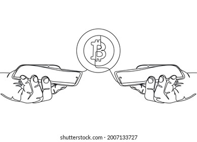 Continuous one line of coin bitcoin payment from phone to phone in silhouette on a white background. Linear stylized.Minimalist.