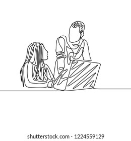 Continuous one line colleagues discussing work in front of a laptop