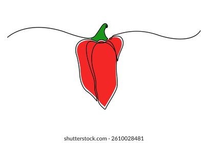 Continuous one line colored capsicum drawing. Peppers continuous one line colorful illustration, hand drawn bell peppers outline Vector illustration.
