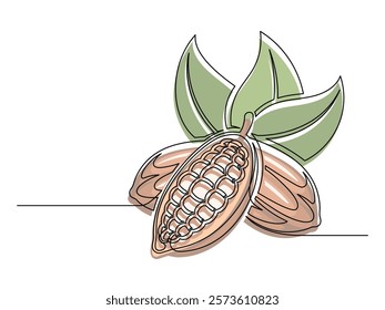 Continuous one line colorful cacao beans branch with leafs isolated on white background. Simple vegetable silhouette. Hand drawn cacao beans branch outline. Vector illustration