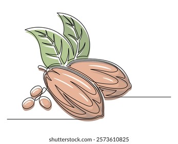 Continuous one line colorful cacao beans branch with leafs isolated on white background. Simple vegetable silhouette. Hand drawn cacao beans branch outline. Vector illustration