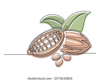 Continuous one line colorful cacao beans branch with leafs isolated on white background. Simple vegetable silhouette. Hand drawn cacao beans branch outline. Vector illustration