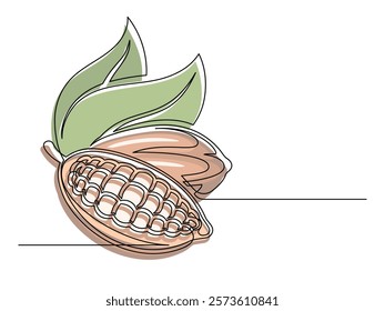 Continuous one line colorful cacao beans branch with leafs isolated on white background. Simple vegetable silhouette. Hand drawn cacao beans branch outline. Vector illustration