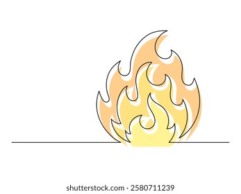 Continuous one line colorful fire isolated on white background. Simple flame silhouette. Hand drawn fire outline. Vector illustration