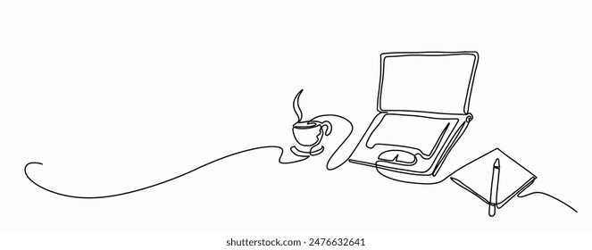 Continuous one line of computer laptop,a cup of coffee and  a pen mouse isolated on White Background, Vector Illustration hand drawn Doodle style, lifestyle concept