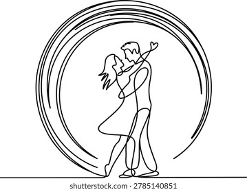 Continuous one line of a couple dancing inside a circular frame