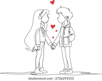 Continuous one line couple holding hands with hearts