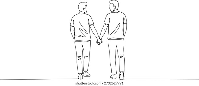 Continuous one line of a couple holding hands while walking, representing love and togetherness, drawn vector illustration.