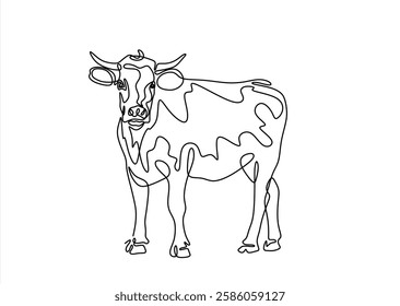 Continuous one line of cow in silhouette on a white background. Linear stylized.Minimalist.	
