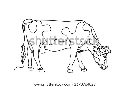 Continuous one line of cow in silhouette on a white background. Linear stylized.Minimalist. Hand drawn one line vector. Editable stroke	 