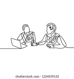 Continuous one line co-workers discussing work in front of a laptop