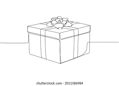 Continuous one line of craft gift box christmas happy new year happy birthday in silhouette on a white background. Linear stylized.Minimalist.