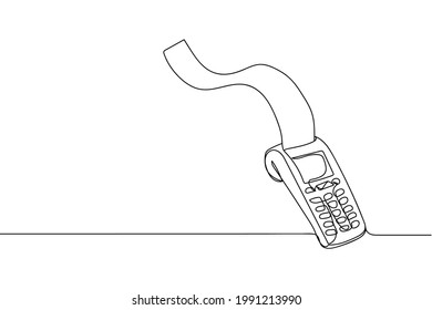 Una línea continua de la máquina terminal de tarjetas de crédito en silueta sobre fondo blanco. Linear estilizado.Minimalista.
