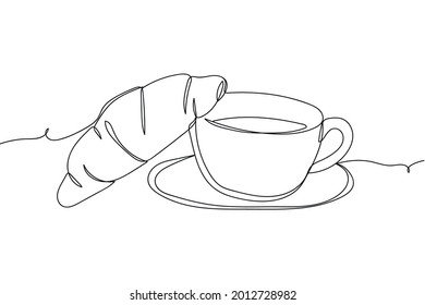 Continuous one line of croissant and coffee or tea cup breakfast in silhouette on a white background. Linear stylized.Minimalist.