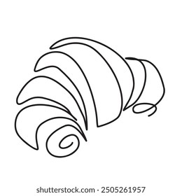 Continuous one line croissant. Hand drawn art french breakfast theme with linear puff for logo. Simple sketch design isolated on white background. Vector illustration