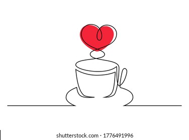 Continuous one line cup with heart shape steam, love and breakfast theme. Hand drawing art of red heart and cup on a plate for logo, posters, cards. Modern design vector illustration