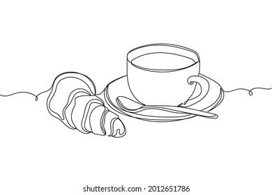 Continuous one line of cup morning coffee and croissant in silhouette on a white background. Linear stylized.Minimalist.