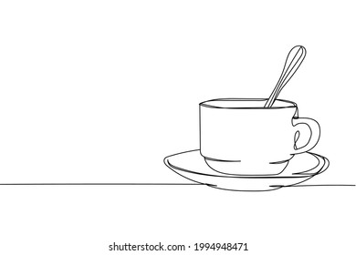 Continuous one line of cup with teaspoon in silhouette on a white background. Linear stylized.Minimalist.