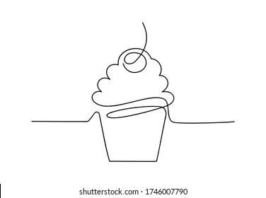 Continuous one line cupcake with cherry and cream. Hand drawing art dessert theme with linear muffin for logo isolated on white background. Simple sketch design. Vector illustration