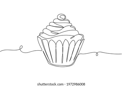 Continuous one line of cupcake in silhouette. Linear stylized. Minimal style. Dessert concept