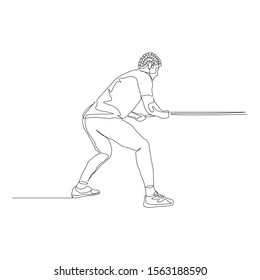 Continuous one line curly-haired man pulls a rope. Tug of war. Vector illustration.