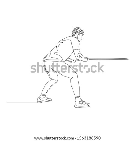 Continuous one line curly-haired man pulls a rope. Tug of war. Vector illustration.
