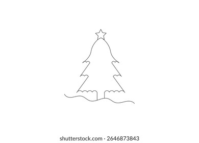 Continuous one line cute Christmas tree and star hand drawn outline vector doodle minimalist design
