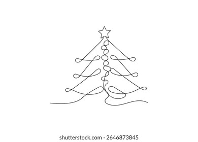 Continuo una línea lindo árbol de Navidad y estrella dibujado a mano Vector doodle diseño minimalista
