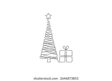 Continuo una línea lindo árbol de Navidad y estrella dibujado a mano Vector doodle diseño minimalista
