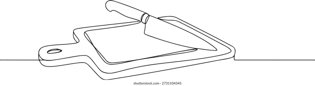 Continua una línea de una tabla de cortar con cuchillo, que simboliza la preparación de alimentos, Ilustración vectorial dibujada.
