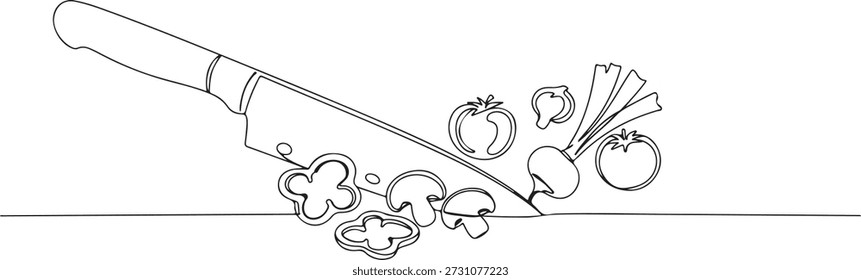 Uma linha contínua de uma faca de corte fatiando verduras, representando a preparação da refeição, ilustração do vetor desenhado.