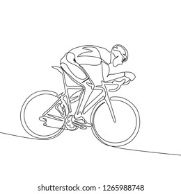 Continuous one line cyclist in helmet riding a bicycle down the slope