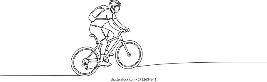 Durchgehend eine Linie eines Radfahrers auf einem Bergweg, symbolisiert Abenteuer und Ausdauer, gezeichnete Vektorgrafik.
