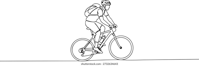 Durchgehend eine Linie eines Radfahrers auf einem Bergweg, symbolisiert Abenteuer und Ausdauer, gezeichnete Vektorgrafik.
