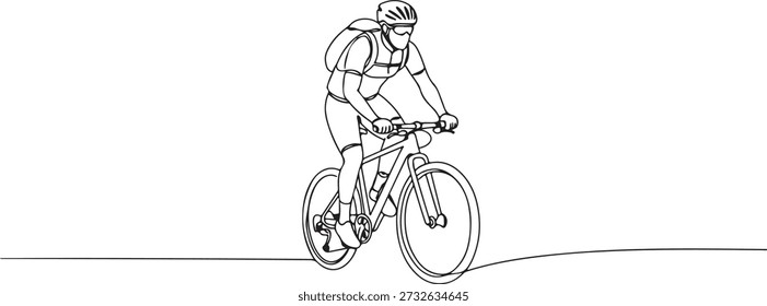 Durchgehend eine Linie eines Radfahrers auf einem Bergweg, symbolisiert Abenteuer und Ausdauer, gezeichnete Vektorgrafik.