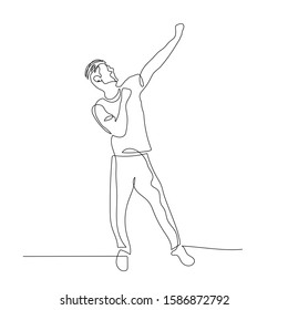 Continuous one line dancing man with rised up hand. Vector illustration.