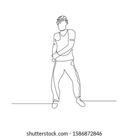 Continuous one line dancing man with wavy hair. Vector stock illustration.