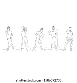 Continuous one line dancing people. Dance party. Vector illustration.