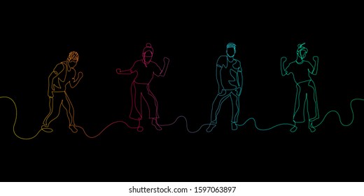 Continuous one line dancing people. Dance party. Vector illustration.