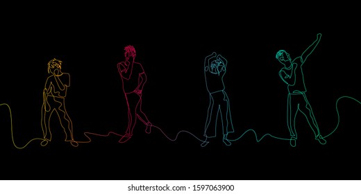 Continuous one line dancing people. Dance party. Vector stock illustration.