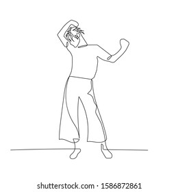 Continuous one line dancing woman with short wavy hair. Vector stock illustration.