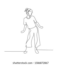 Continuous one line dancing woman with hair bang and ponytail. Vector stock illustration.
